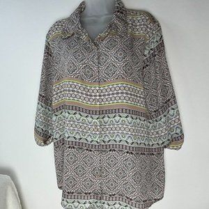 Bon Worth Brown White Blue Paisley Blouse Medium
